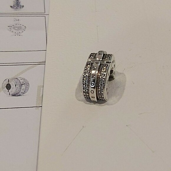 Pair of Auth PANDORA Sterling Silver Sparkling Pavé Lines & Logo Clip 799042C01 - Picture 2 of 12